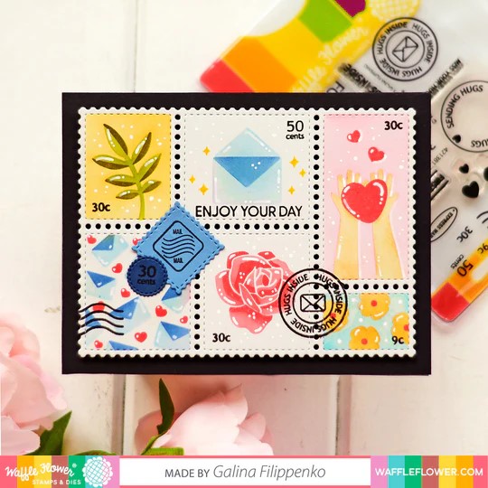 WAFFLE FLOWER STENCIL POSTAGE COLLAGE EVERYDAY