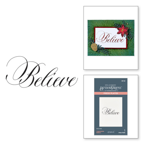 Spellbinders Copperplate Believe Press Plate From the Copperplate Holiday Sentiments Collection By Paul Antonio