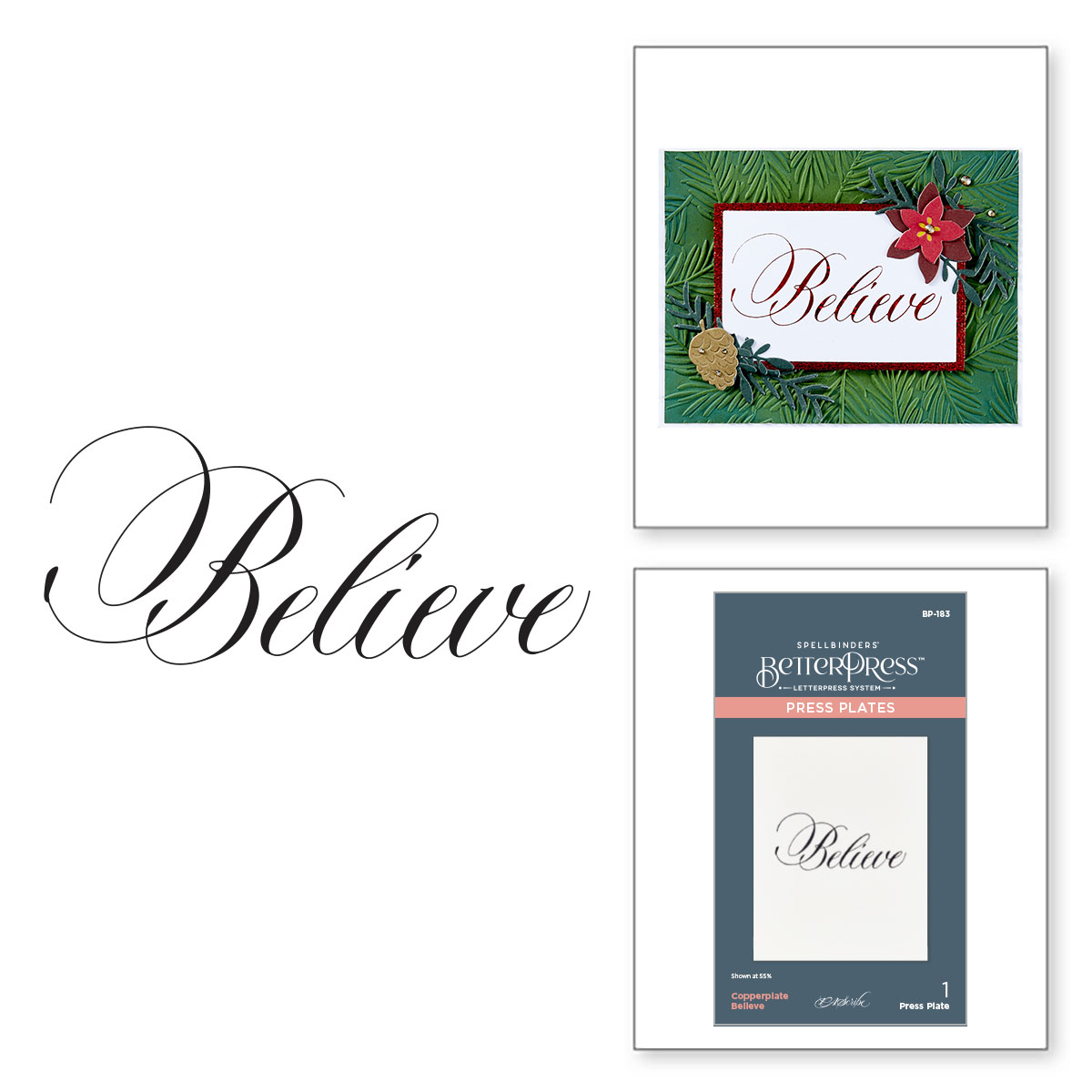 Spellbinders Copperplate Believe Press Plate From the Copperplate Holiday Sentiments Collection By Paul Antonio