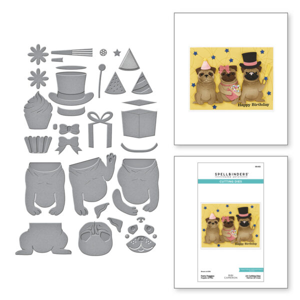 Spellbinders Party Puggles Etched Dies From the Bibi's Cats and Pugs Collection By Bibi Cameron