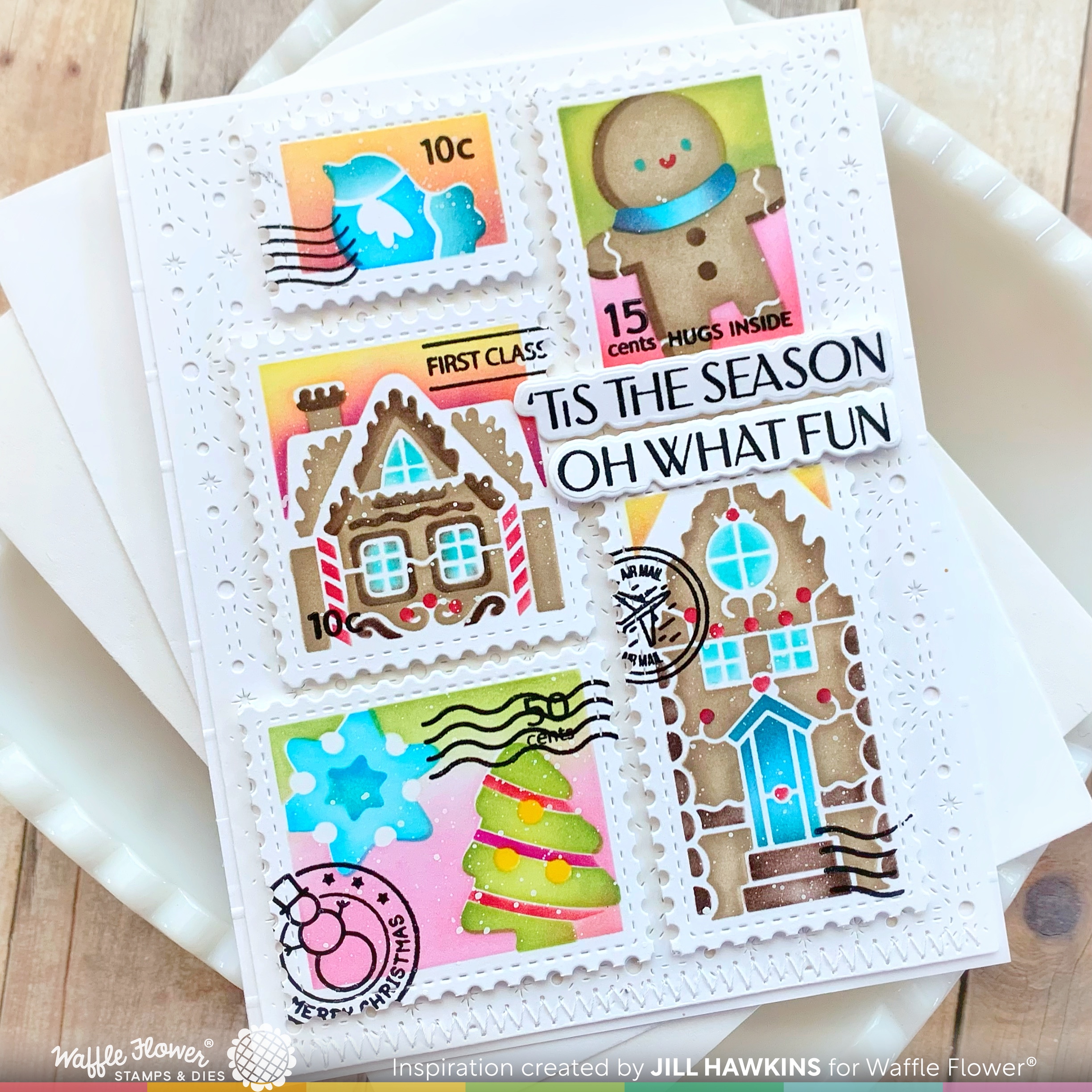 Waffle Flower Stencil Postage Collage Gingerbread