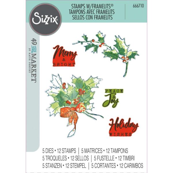 Sizzix A5 Clear Stamps Set 12PK w/5PK Framelits Die Set – Pencil Line Holly By 49 and Market