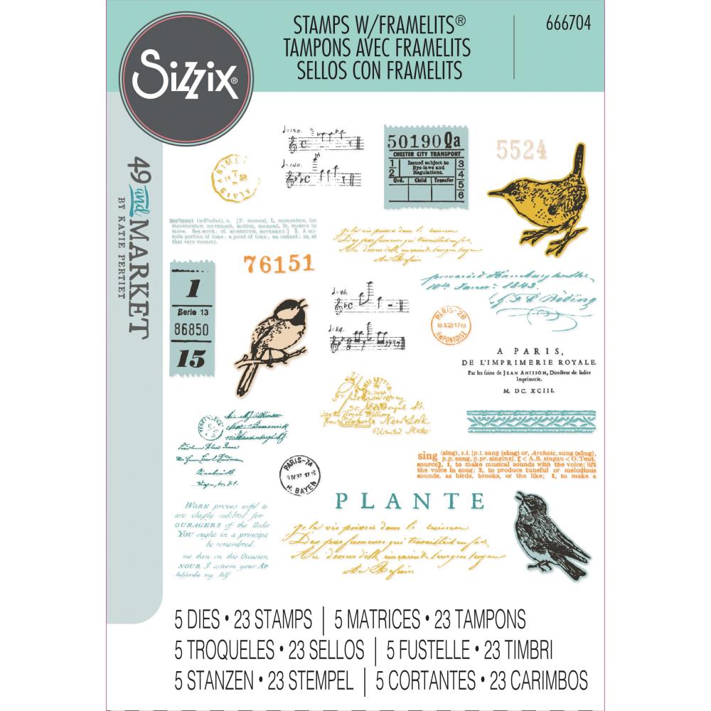 Sizzix A5 Clear Stamps Set 23PK w/5PK Framelits Die Set – Bird Song By 49 and Market