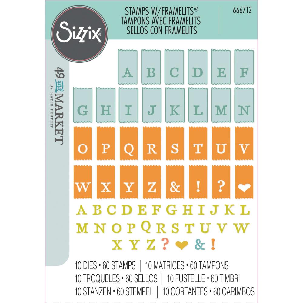 Sizzix A5 Clear Stamps Set 60PK w/10PK Framelits Die Set – Tab Stamp Alpha By 49 and Market