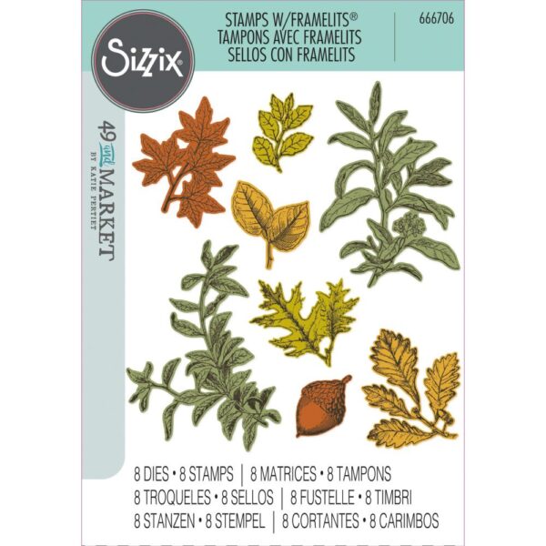 Sizzix A5 Clear Stamps Set 8PK w/8PK Framelits Die Set – Forever Leaves By 49 and Market