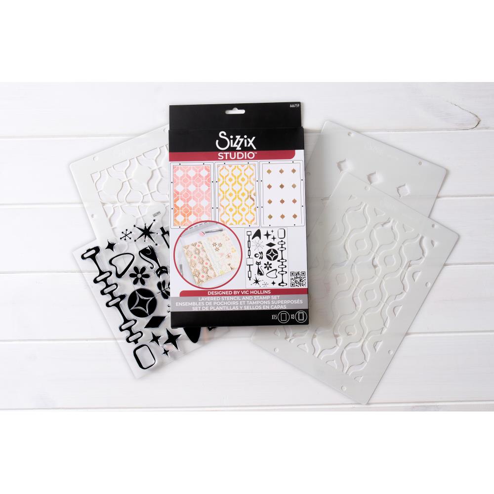 Sizzix Studio Stamps Set 15PK /3PK Stencils Retro By Vic Hollins