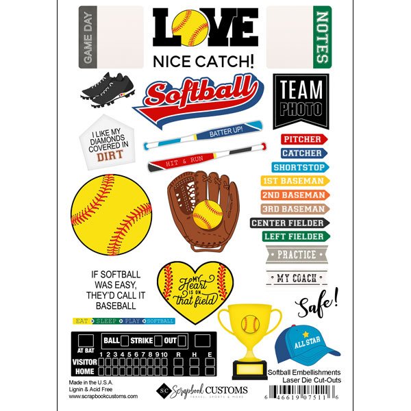 SCRAPBOOK CUSTOMS LASER DIE CUTS SOFTBALL