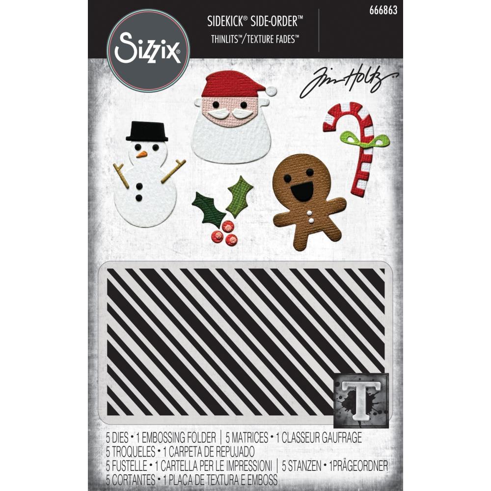 Sizzix 2D TF Embossing Folder w/5PK Thinlit Set Vault Side Order Christmas Minis By Tim Holtz